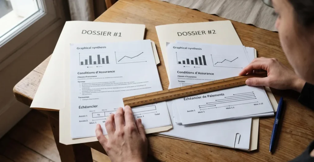 Deux dossiers de crédit anonymisés avec fiches standardisées, garanties et calendriers de remboursement