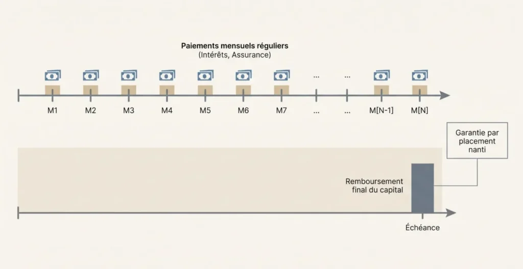 Schéma d’un calendrier de prêt in fine indiquant paiements périodiques et capital dû à échéance